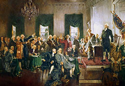 George Washington of Virginia presides over the Federal Convention of 1787 as delegates sign the U.S. Constitution at Independence Hall in Philadelphia.