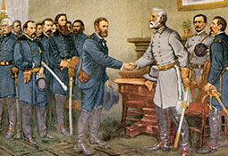 Robert E. Lee surrendering in a farmhouse to Union commander Ulysses S. Grant.